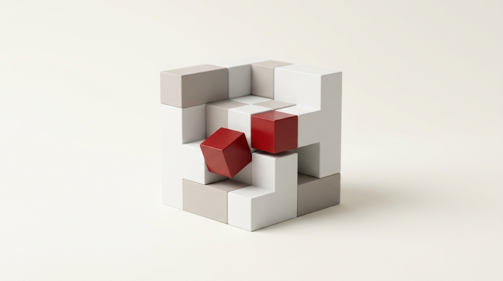 Precision modular blocks assembling into one structure, two of them red
